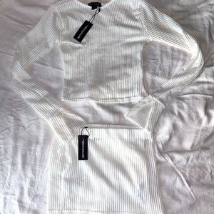 PRETTY LITTLE THING - white, knit, 2 piece set, skirt and long sleeve top